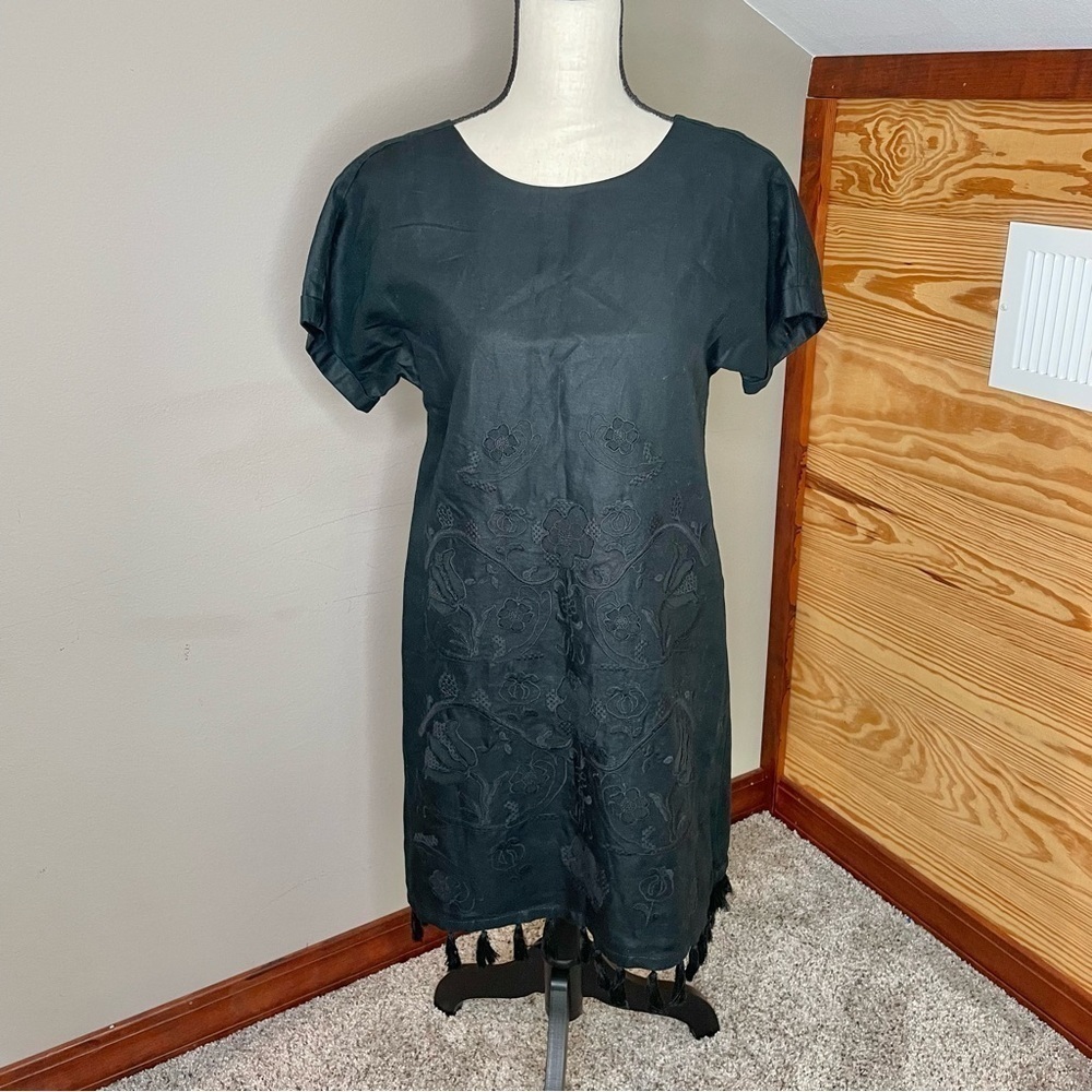 Madewell Black Linen Blend Embroidered Floral Tassel Shift Dress Extra Small - Picture 2 of 10